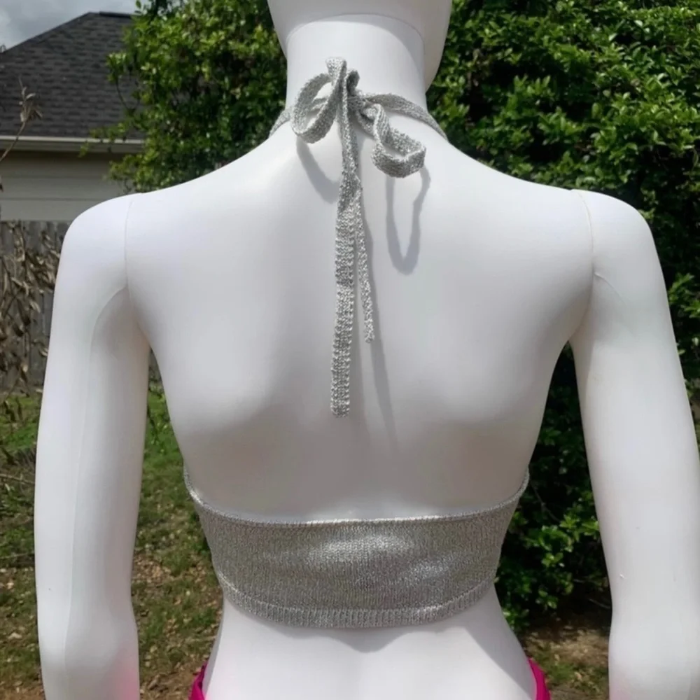 💋NWT Lovers + friends silver metallic halter bikini swim top - Picture 6 of 13